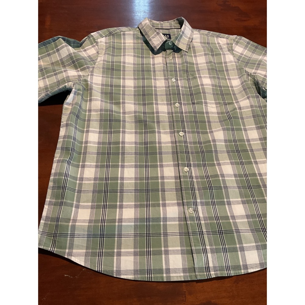 Gap Mens XL Short Sleeve Plaid Button Down Shirt Green White Stretch QMT7103S
